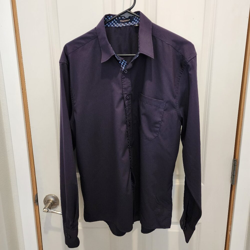 Men's Hisdern Brand Long Sleeve Navy Blue Button Down Dress Shirt, Size M
